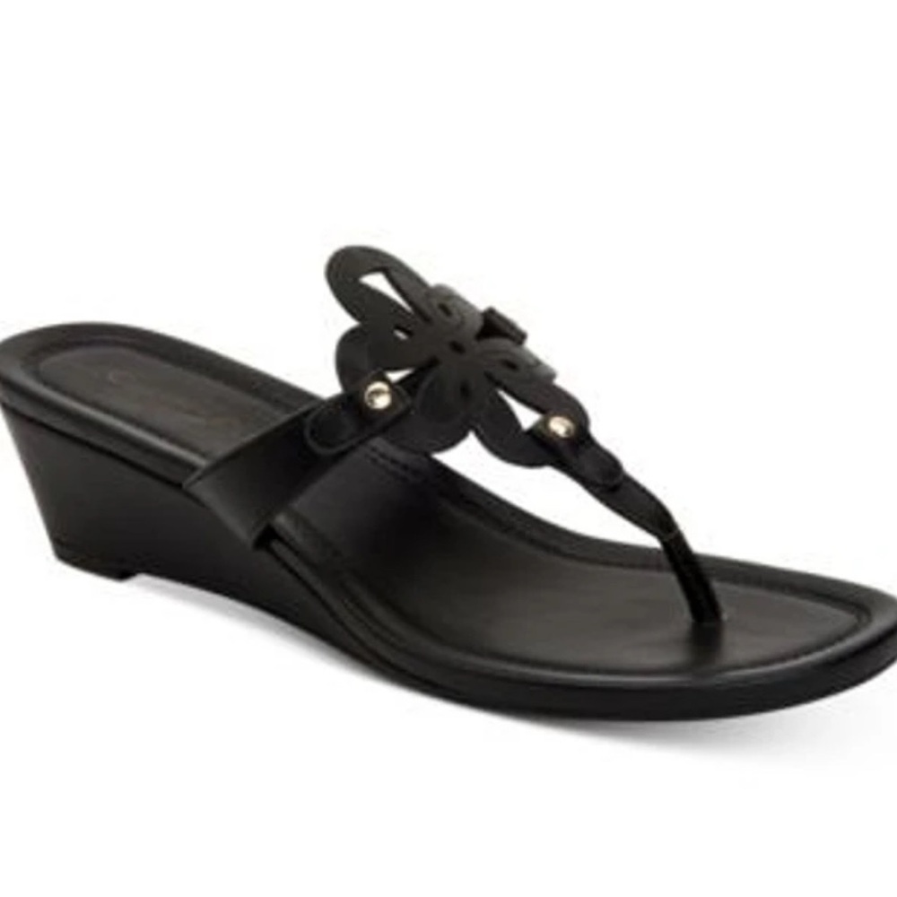 CHARTER CLUB Black Cutout Medallion T-Strap Penelope  Wedge Slip On Sandal S 9.5